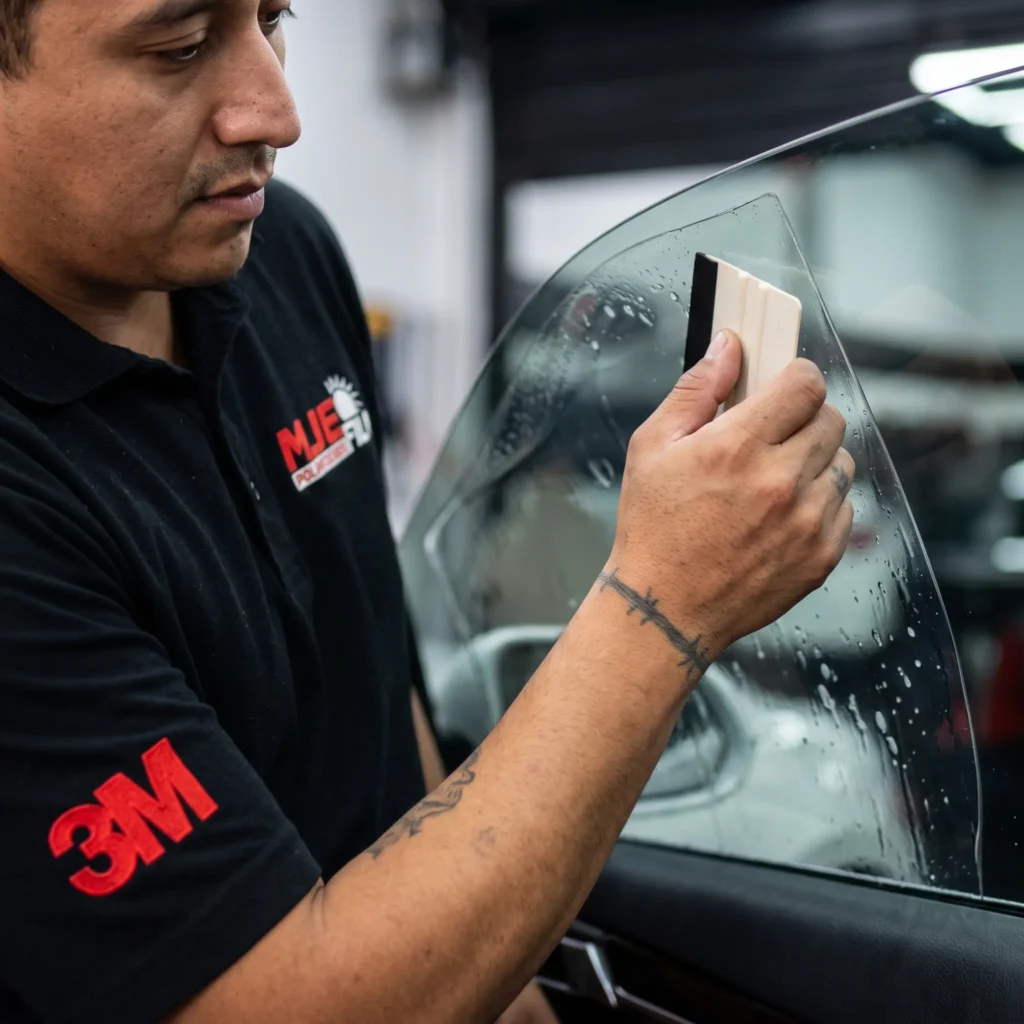 Técnico aplicando lámina de seguridad 3M de 12 micras anti-bujiazo en taller de La Victoria