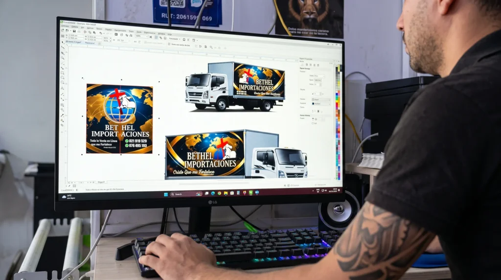 Imagen de portada para la sección de diseño gráfico y gigantografías en MJE Polarizados La Victoria. Se muestran impresiones publicitarias de alta calidad.